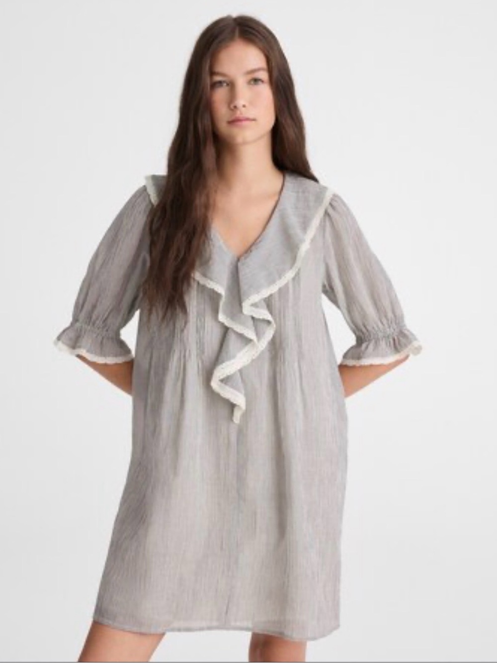 Madewell Light Gray Ruffle V-Neck Mini Dress
